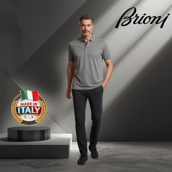 Brioni 100% Silk Polo Shirt Mens L Gray Short Sleeve 3-Button - Picture 5 of 9